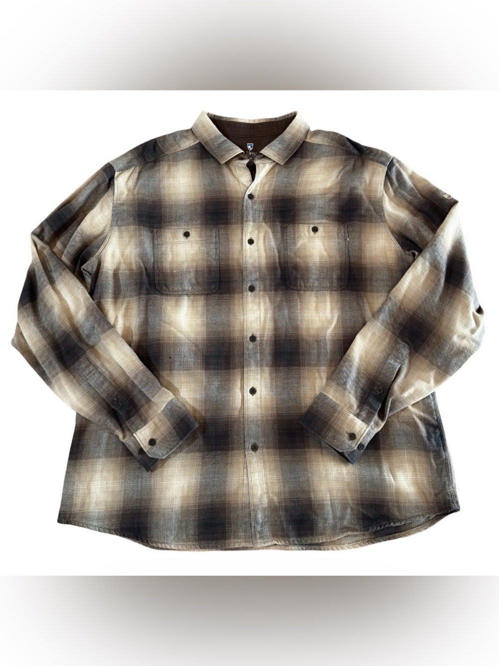 KÜHL Men’s XXL Plaid Flannel Button Up Brown Cream Cotton Tencel